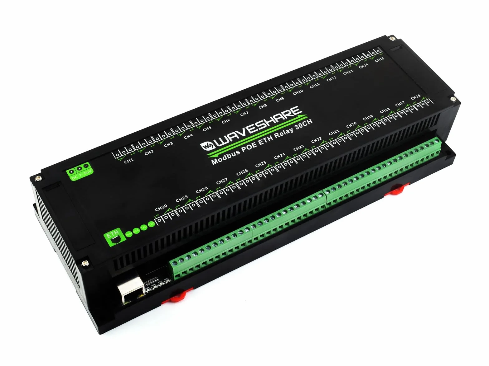 Waveshare 30-Ch Ethernet Relay Module, Modbus RTU/Modbus Transmission Control Protocol, PoE Port Communication, With Various Isolation And Protection Circuits, Industrial Grade Rail-Mount Case