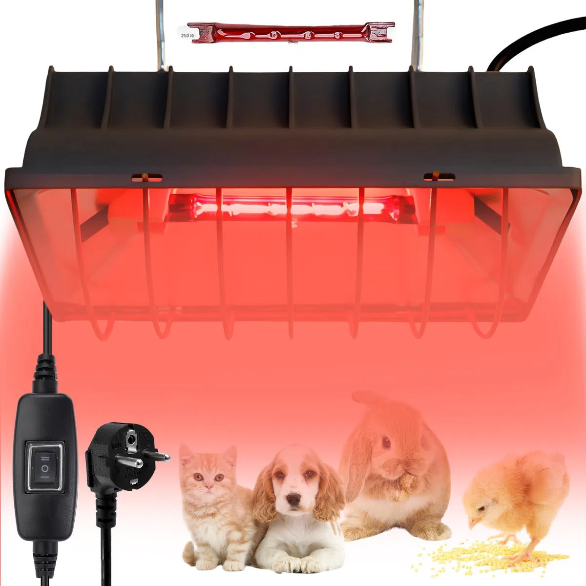 Lampada a luce rossa da 250 W, lampada riscaldante pollaio con cavo da 1,8 metri, lampada termica per pulcini, lampada termica con interruttore, lampada termica per pollo, riscaldamento a infrarossi