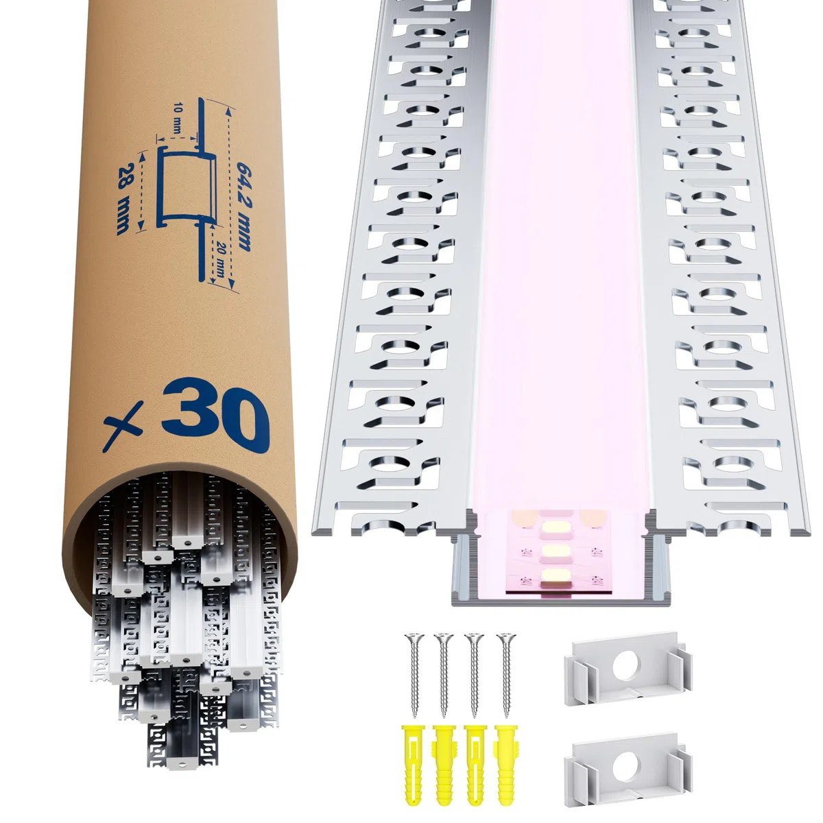 30x Profilo Alluminio per Strisce LED Cartongesso 2M (44mt) - Canalina per Striscia LED con Copertura Opaca - Dimensioni 28 x 13.8mm - Compatibile con Strisce LED fino a 21mm (Z44-2M, 30)