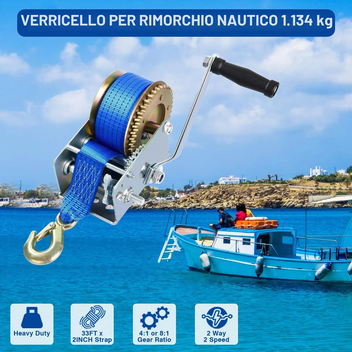 FreeTec Verricello Manuale con Cinghia 1130Kgs (2500Lbs) Argano Manuale con 10 m di Cinghia di Alaggio per Barche Auto