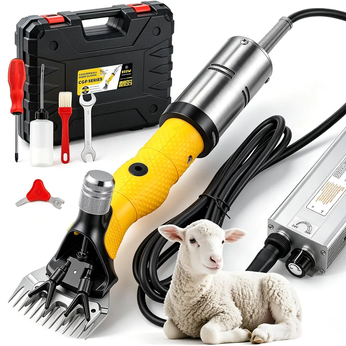 CGOLDENWALL 1000W Tosatrice Professionale per Pecore 2400giri/min con 6 Velocità e Doppia Protezione Anti-Surriscaldamento -Lame in Acciaio al Carbonio per Pecore, Capre, Alpaca - Kit Completo Incluso