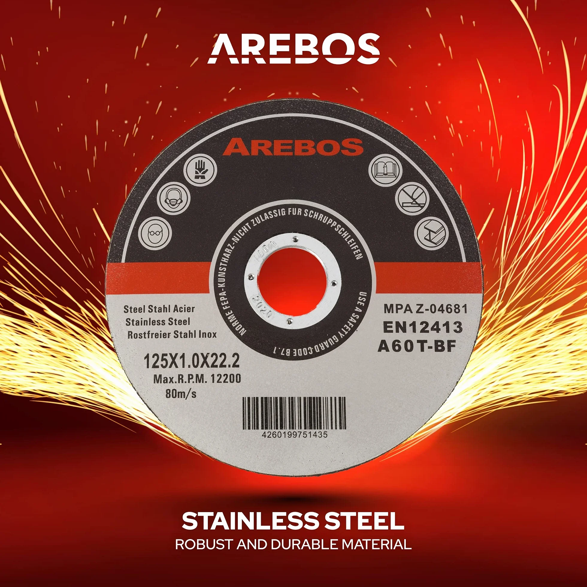 Arebos Dischi da taglio Ø 125 mm, 400 pezzi | adatti per acciaio, acciaio inossidabile, ferro, lamiera, metallo | EN 12413 | certificati dall'ente di controllo dei materiali (MPA)