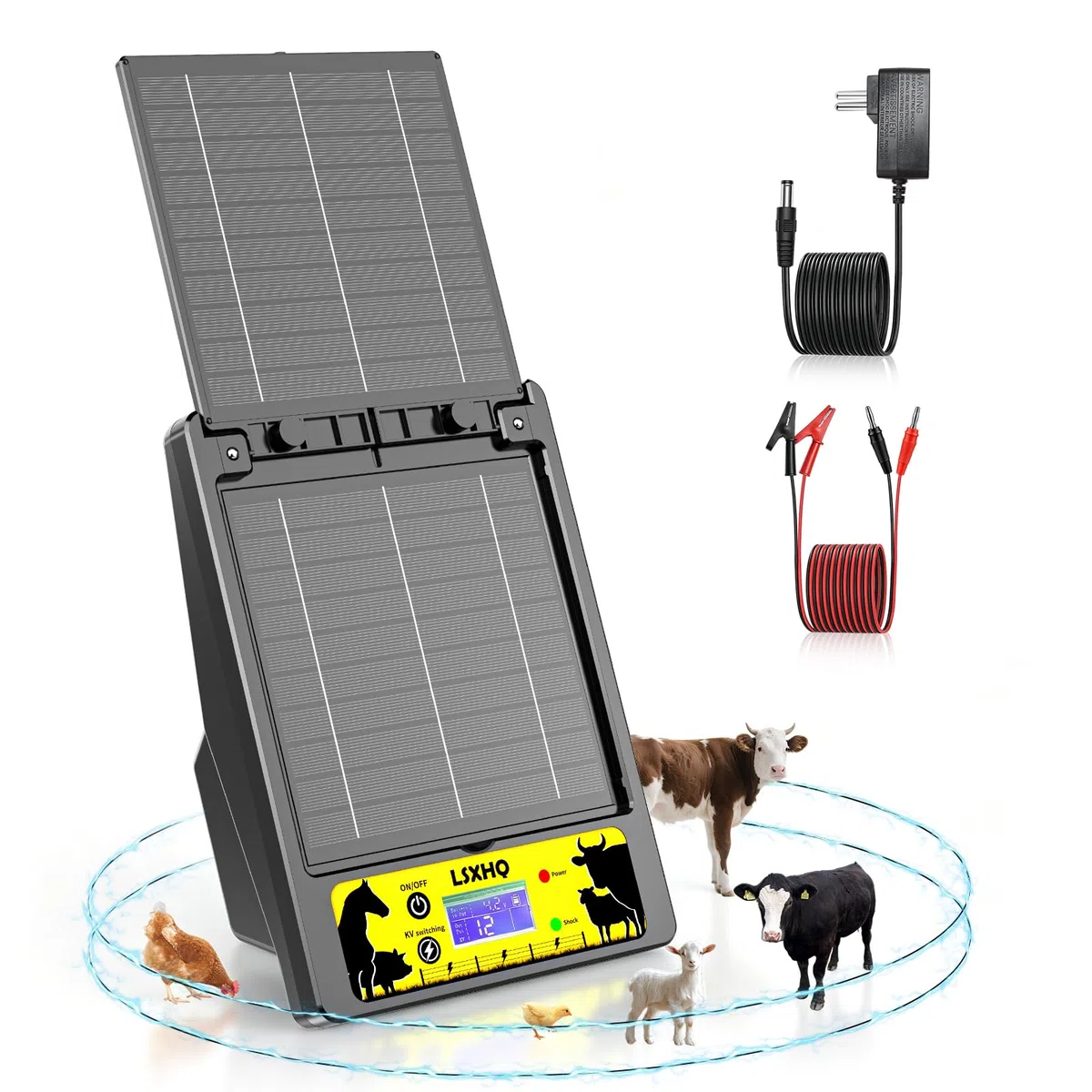 Elettrificatore per Recinti Solare 32 KM, 0.3-2J, 6KV-12KV Regolabile, Portata, Elettrificatore con Pannello Solare 10W, Batteria al Litio 18000mAh, Protezione Sicura per Giardini, Pollame(Nero)