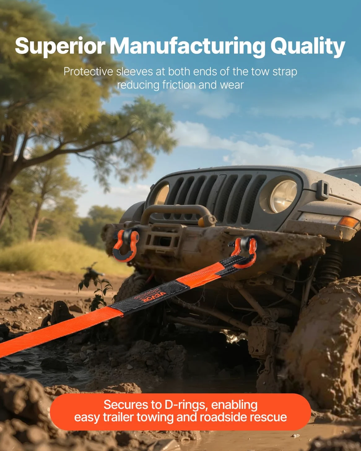 VEVOR Kit di Recupero con Cinghia di Traino per Impieghi Gravosi, Cinghia per Verricello Salva-Albero 76,2 mm x 9,1 m Resistenza alla Rottura di 16329 kg Triplo Anello Rinforzato, per Jeep, SUV, ATV