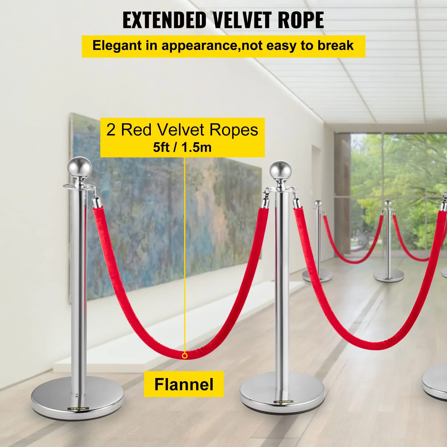 Mophorn Palo separatore a nastro estensibile 4 set barriere di sicurezza a 2 corde, lunghezza della corda 1,5 m argento