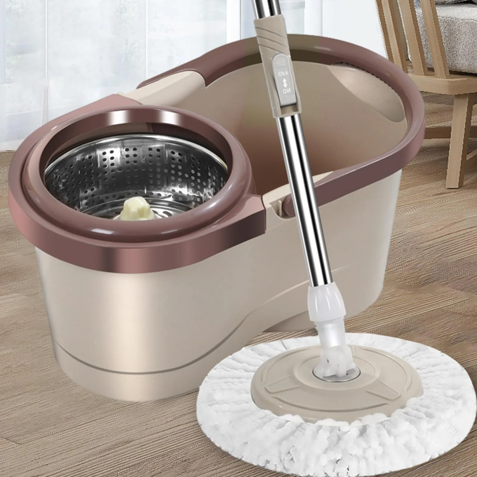 Mocio con rotazione automatica, set di secchio per mocio rotante, per la pulizia della casa, rotazione automatica, mocio rimovibile con strizzatore, secchio per mocio rotante per soggiorno, cucina,