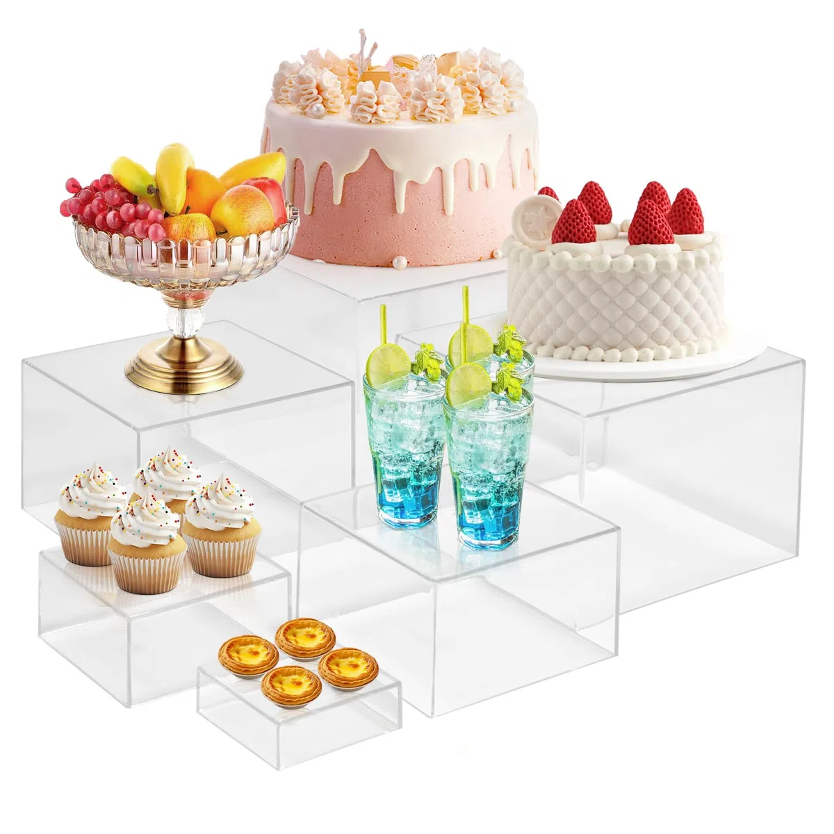 Alzate per Buffet 6 Pezzi, Alzate per Espositori in Acrilico con Fondo Cavo, Espositori per Cibo Dessert Gioielli Statuette, per Tavoli da Festa, Esposizione di Decorazioni (Trasparente)