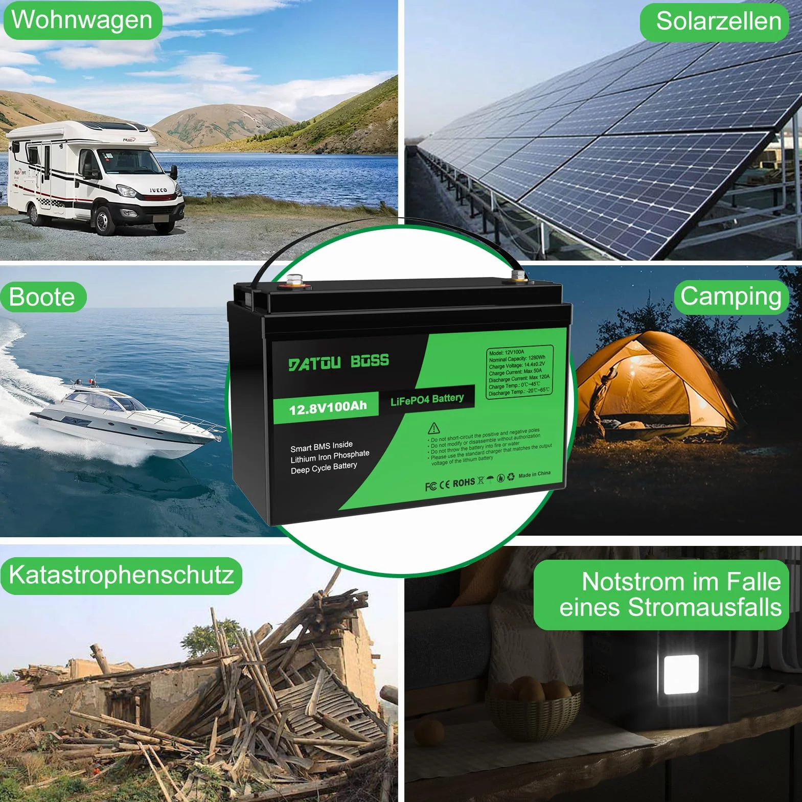 DATOUBOSS LiFePO4 Batteria Litio 12v 100Ah con 100A Protezione BMS, Fino a 15000 Cicli e 10 Anni Di Durata, per Camper, Barca, Kit di Pannelli Solari, Campeggio, Casa