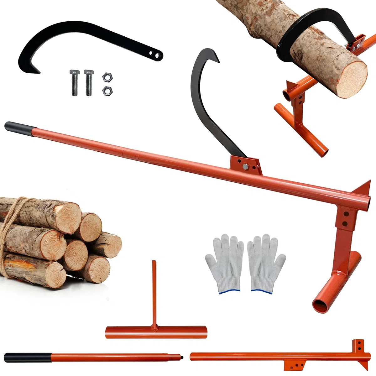 Giratronco 130 cm, Giratronco per esperti con gancio, leva per tronchi in acciaio ad alta resistenza con guanto e impugnatura antiscivolo, per l'abbattimento di alberi, per lavori forestali e
