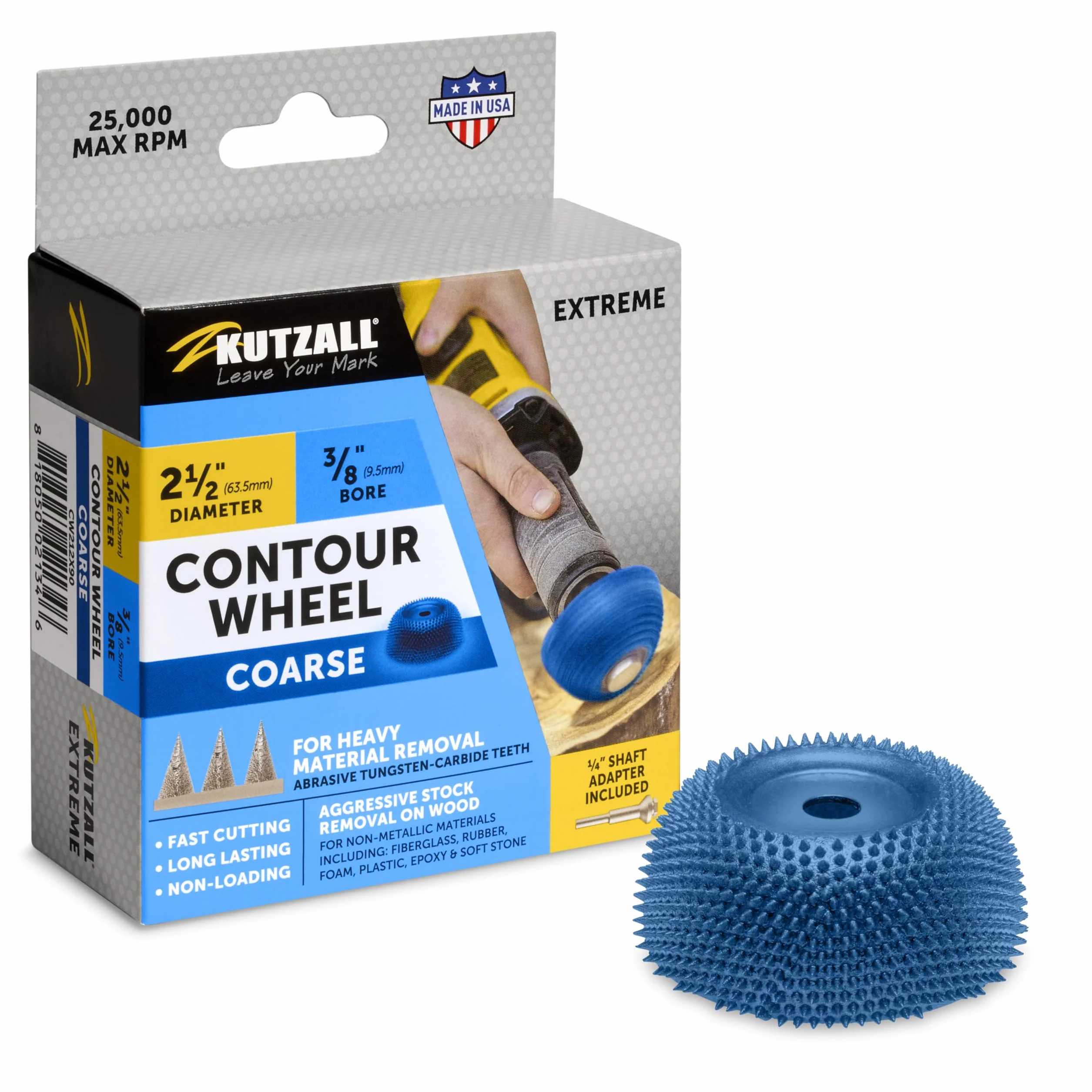 Kutzall Extreme Contour Wheels CW212X90 - Smerigliatrice per intaglio del legno, diametro 63,5 mm, foro da 9,5 mm, grossolana, rivestimento in carburo di tungsteno, utensile per smerigliatrice per