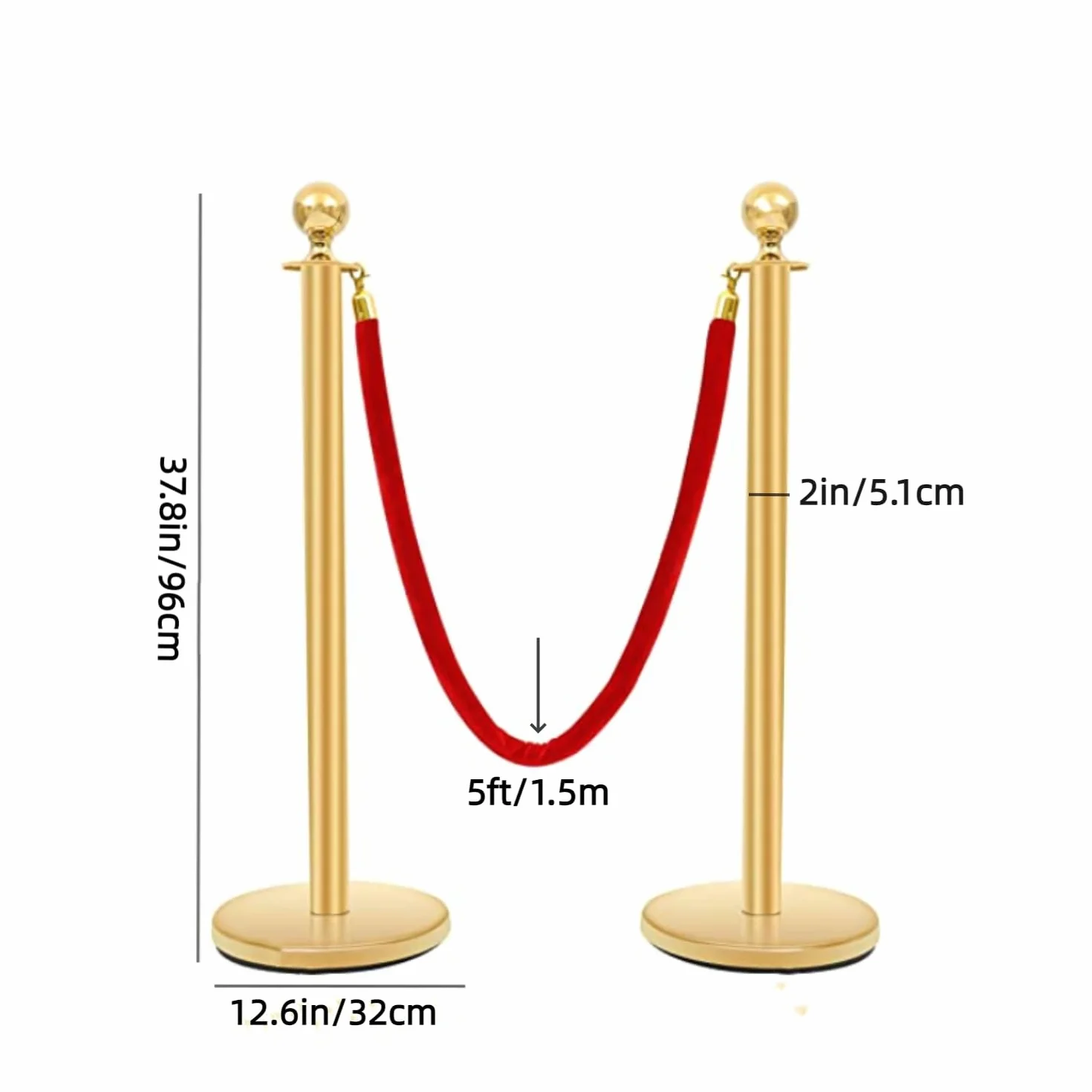 4PZ 96 cm Barriera di Controllo della Folla con 1,5 m Corde di Velluto Rosso Controllo della Folla in Acciaio Inox Tondo Post Palo, Base cava a iniezione di sabbia