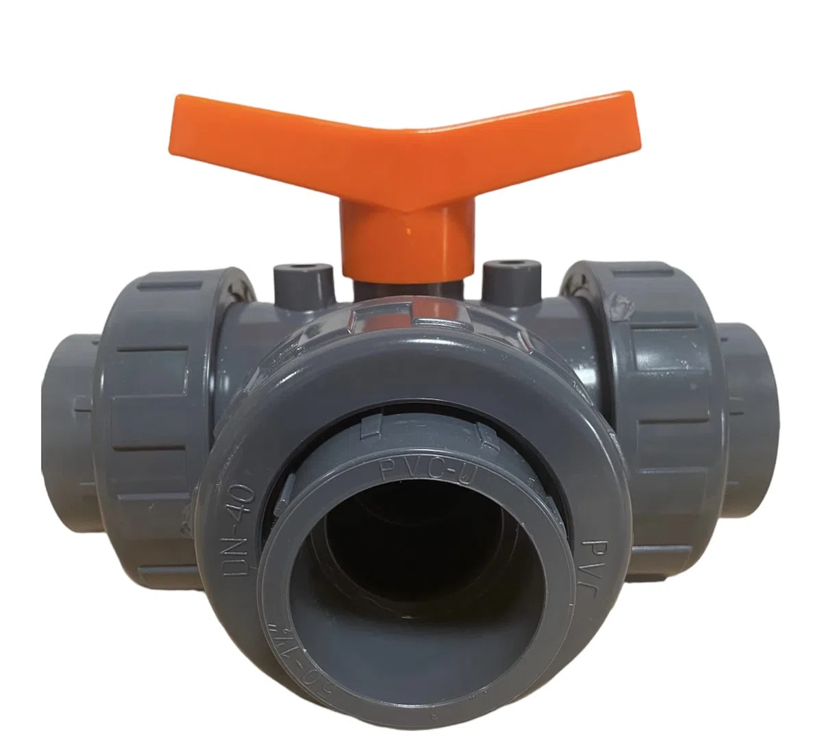 Valvola a sfera a 3 vie in PVC, DN63, foro a T, manicotto adesivo, valvola in PVC-U di qualità industriale, per ingegneria idrica e sistemi di tubazioni
