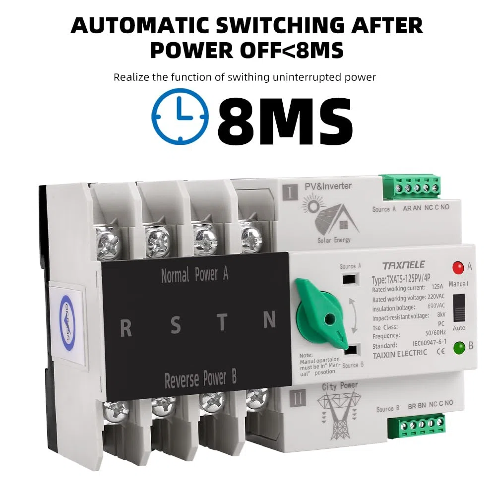 Selettore interruttore di trasferimento automatico a doppia alimentazione Alimentazione ininterrotta 4P 63A 100A 125A Interruttore a levetta fotovoltaico Din Rail ATS PV Solar Inverter UPS (125A)