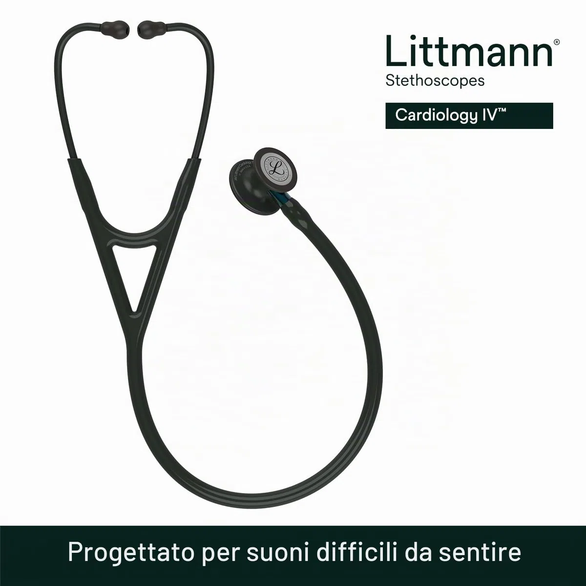 3M Littmann Stetoscopio diagnostico Cardiology IV, testina con finitura nera, tubo auricolare nero, connettore blu e archetto nero, 69 cm, 6201