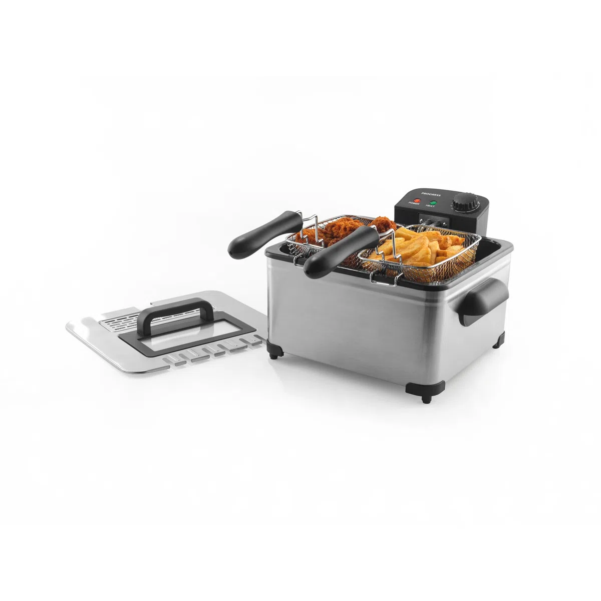 Progress 5L Friggitrice a Immersione - 2 x 2.5L, Cestello e Coperchio Antiaderenti Removibili, 150-190°C, Finestra di Visualizzazione, Controllo della Temperatura Regolabile, Spia di Accensione, 2000W