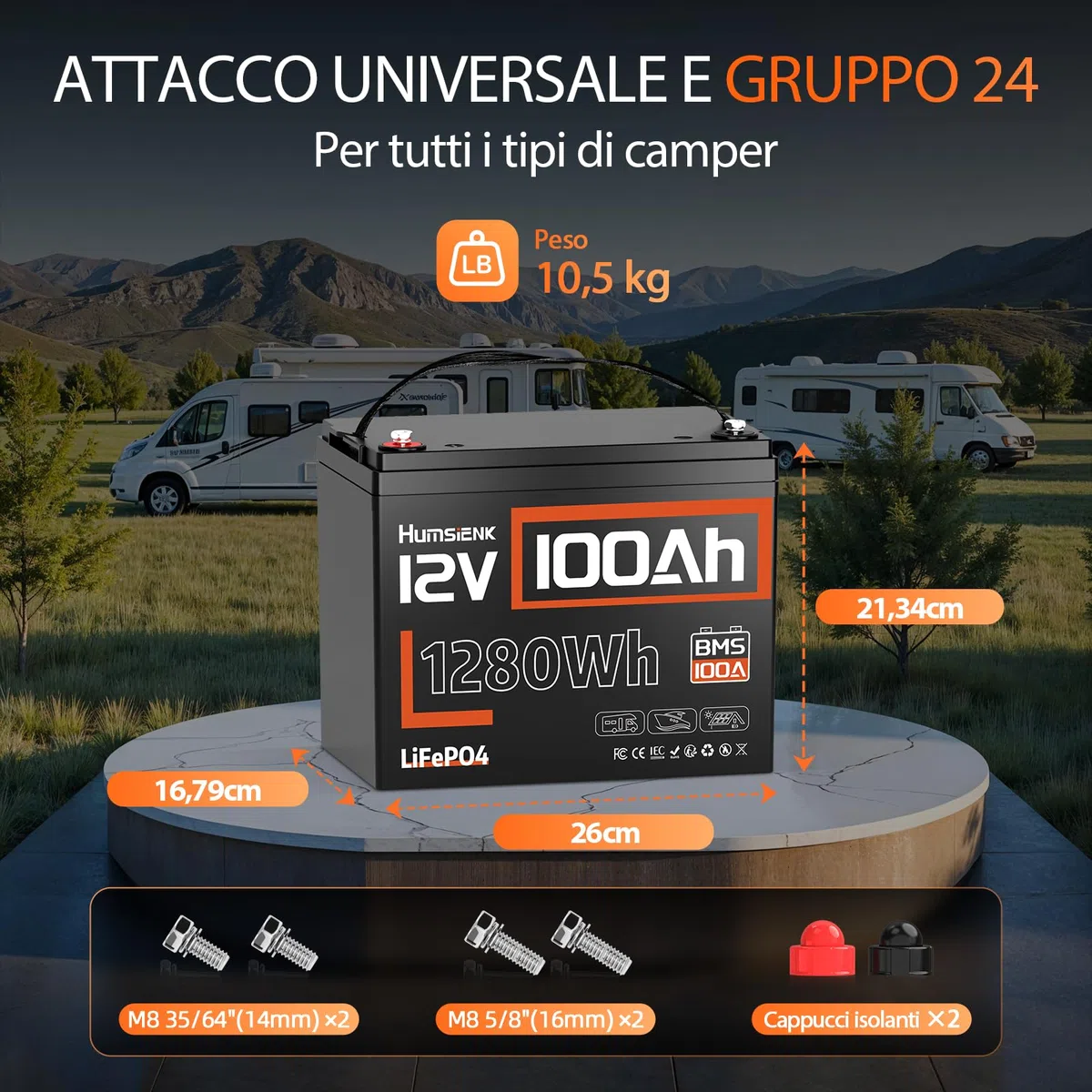 Humsienk Batteria Litio 12V 100Ah con 100A BMS e Protezione Bassa Temperatura, 1280Wh Energia, Max. 15000 cicli, Batteria LiFePO4 12V per Camper, Barca, Impianti Solari, Off-Grid