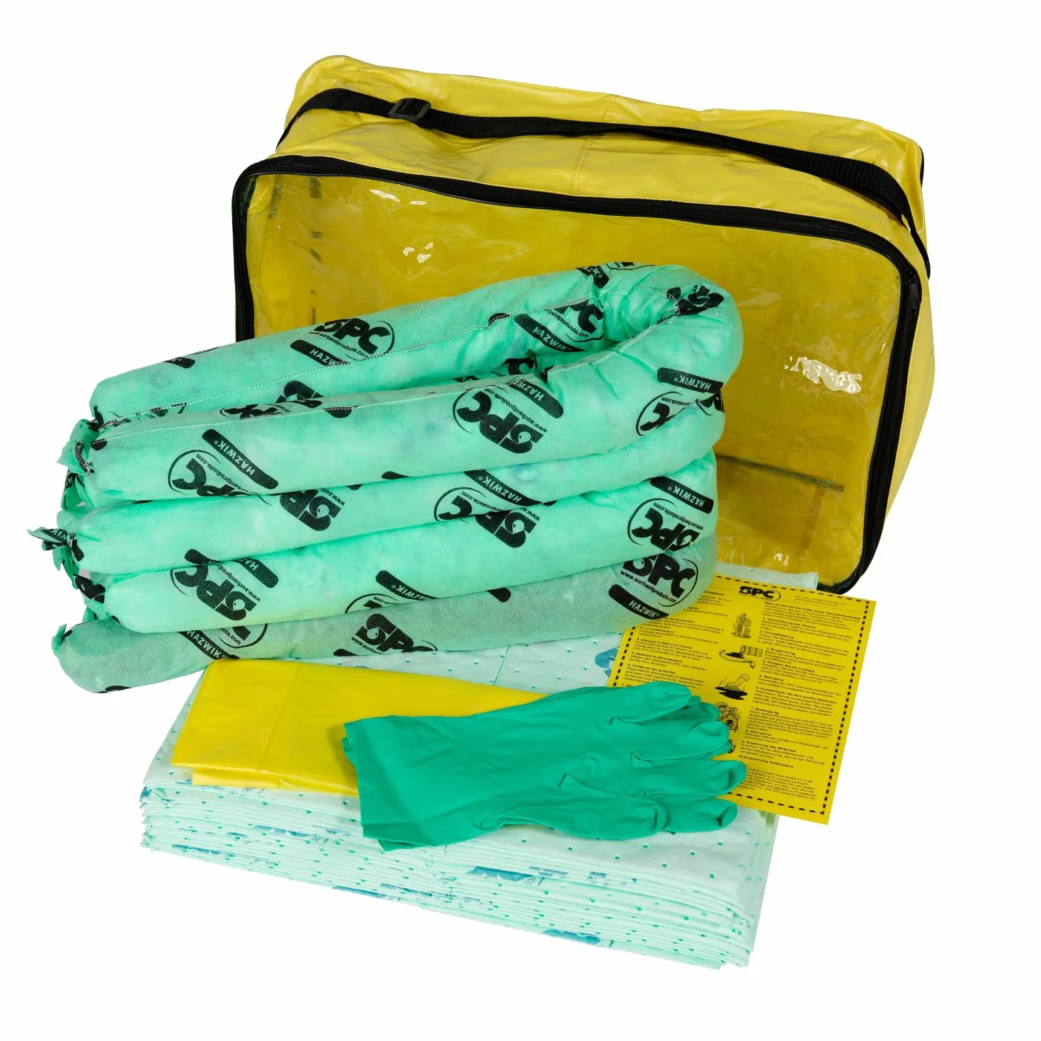 SPC® by Brady Kit Anti-Inquinamento Chimico – Kit Assorbente Chimico per Fuoriuscite di Sostanze Chimiche Pericolose, Include 25 Panni Assorbenti Chimici, 4 Calze, Guanti e Sacco per Smaltimento
