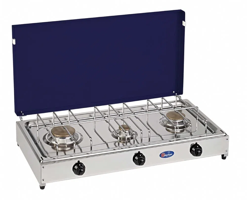 FORNELLO DA TAVOLO PARKER GAS METANO 3 FUOCHI CON PIANALE IN ACCIAIO INOX COPERCHIO BLU TELAIO GRIGIO 5523GBm
