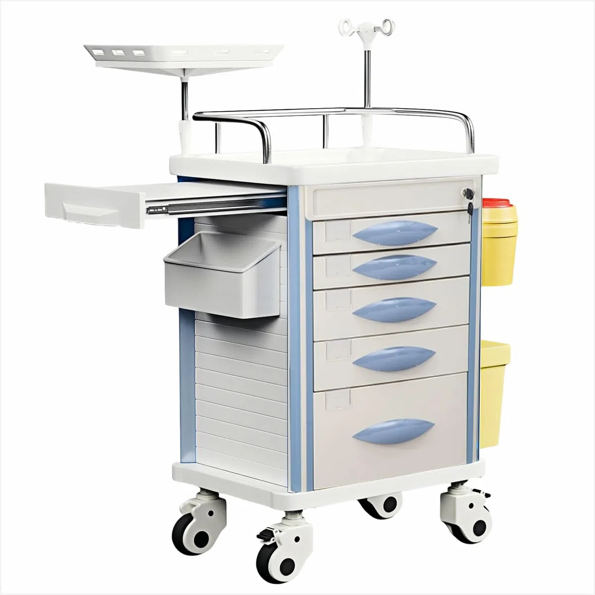 Carrello di emergenza con accessori IV Pole, scheda cardiaca, supporto O2, carrello mobile, bidone della spazzatura, cassetto per clinica, centro infermieristico, 76,2 cm L x 48,3 cm L x 96,5 cm H