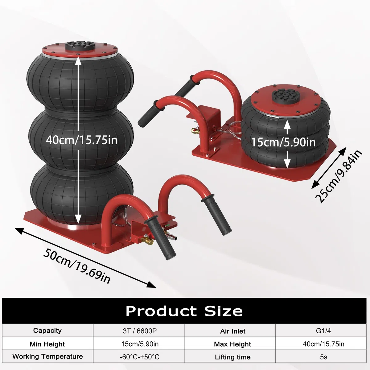 UISEBRT 3T - Cric pneumatico, 150 – 400 mm, 6600 libbre – Triplo sacchetto sollevatore d'aria con cric idraulico e manico curvo per SUV, camion, auto