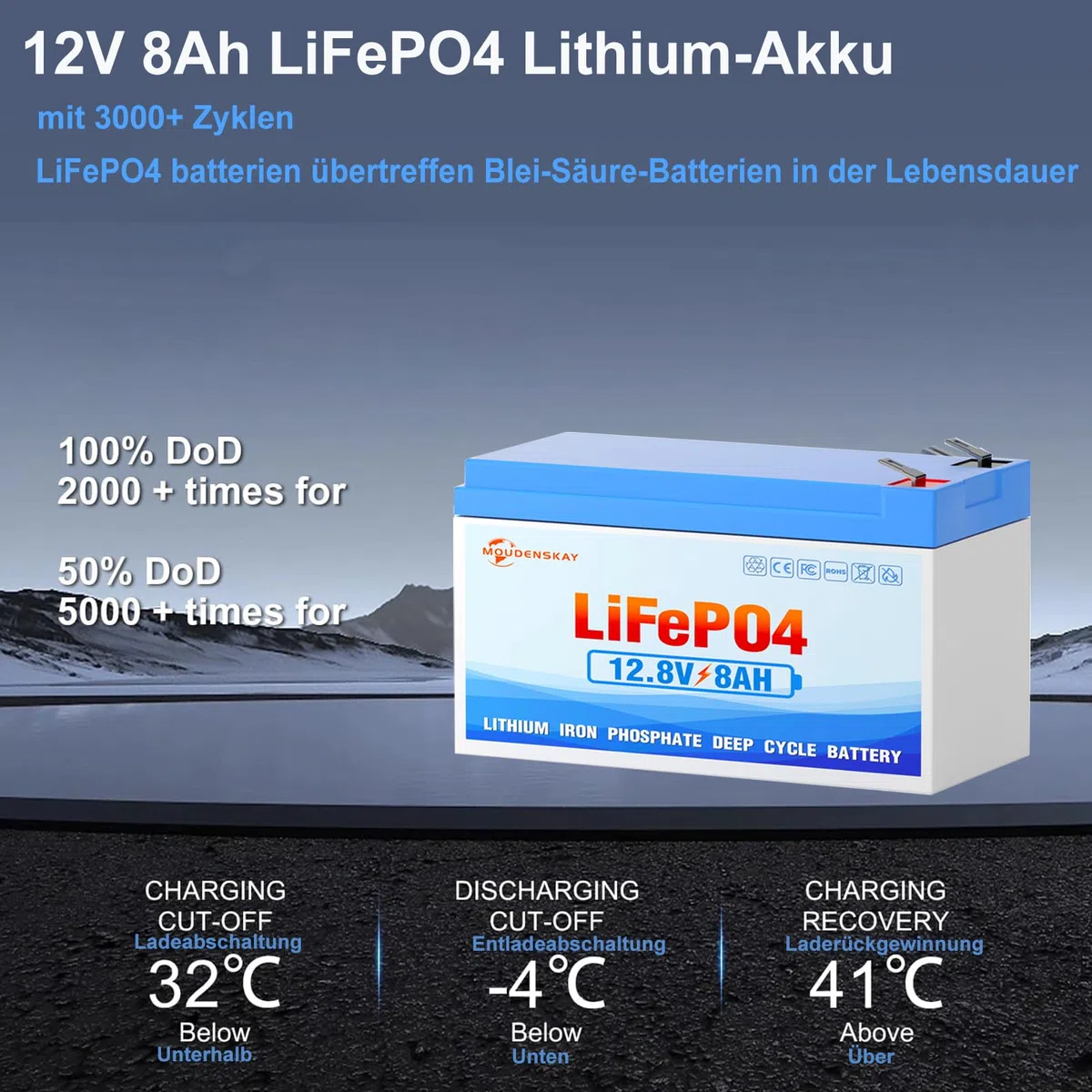 Batteria al litio LiFePO4 12V 8Ah al litio e al fosfato con oltre 3000 volte cicli profondi e protezione BMS,per illuminazione di emergenza,campeggio,impianti di alimentazione