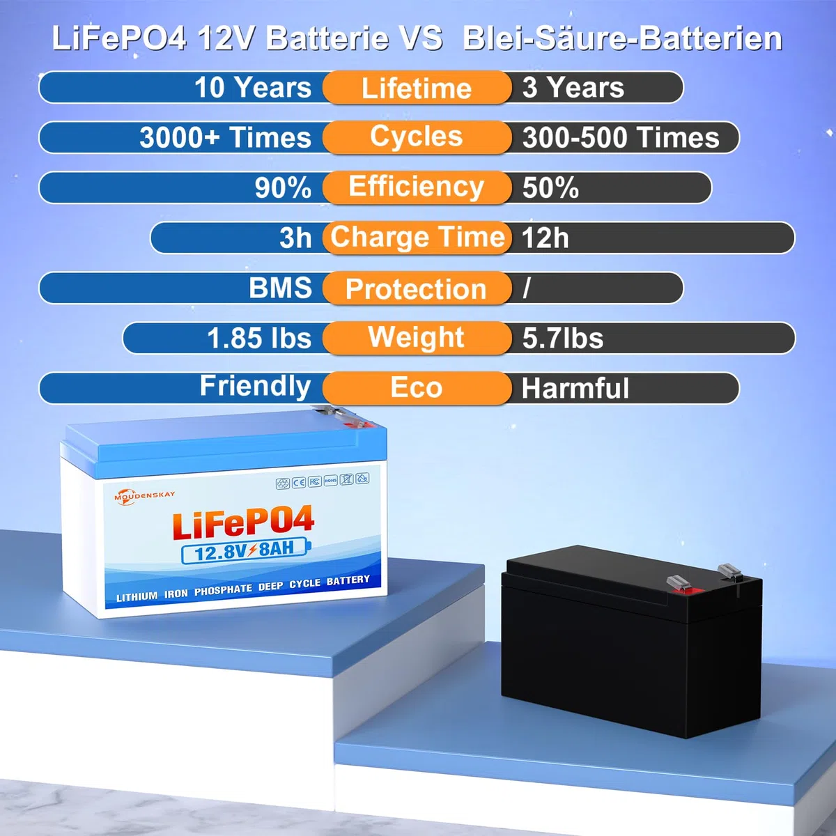 Batteria al litio LiFePO4 12V 8Ah al litio e al fosfato con oltre 3000 volte cicli profondi e protezione BMS,per illuminazione di emergenza,campeggio,impianti di alimentazione
