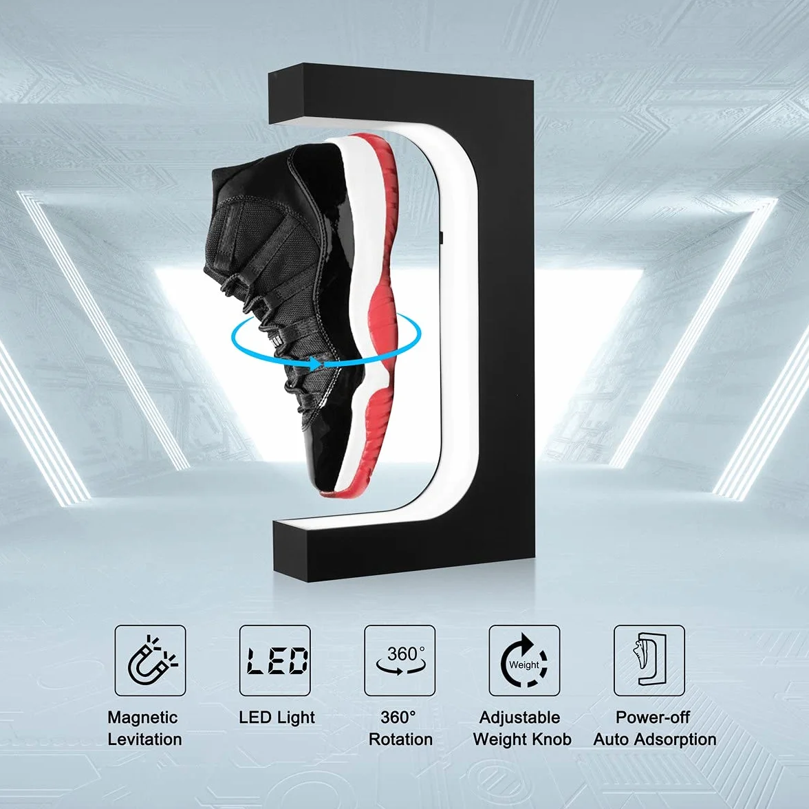 UVEHAS Espositore galleggiante per scarpe Supporto per scarpe a levitazione magnetica con luce LED Portaoggetti rotante a levitazione per collezionisti di scarpe, decorazione domestica, nero