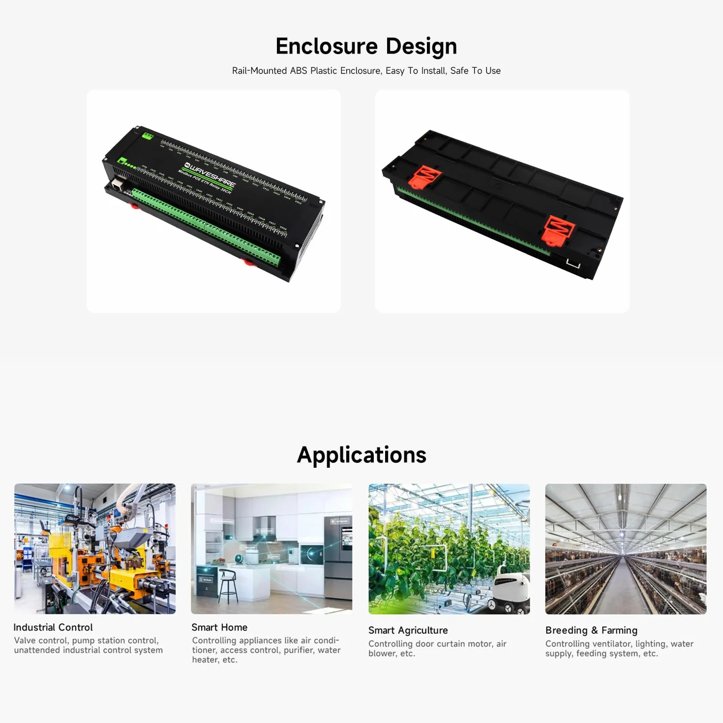Waveshare 30-Ch Ethernet Relay Module, Modbus RTU/Modbus Transmission Control Protocol, PoE Port Communication, With Various Isolation And Protection Circuits, Industrial Grade Rail-Mount Case
