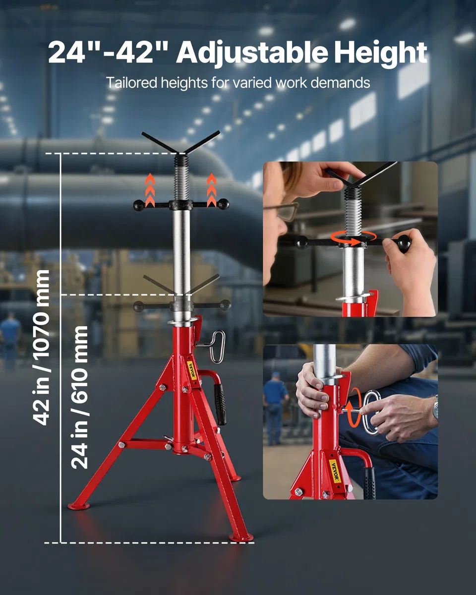 VEVOR Cavalletto per Tubi con Testa a V 0,32-30,48 cm Supporto per tubi Altezza Regolabile 61-107 cm Massima Capacità 1134 kg, Cavalletto per tubi Materiale in Acciaio al Carbonio Piedi Pieghevoli