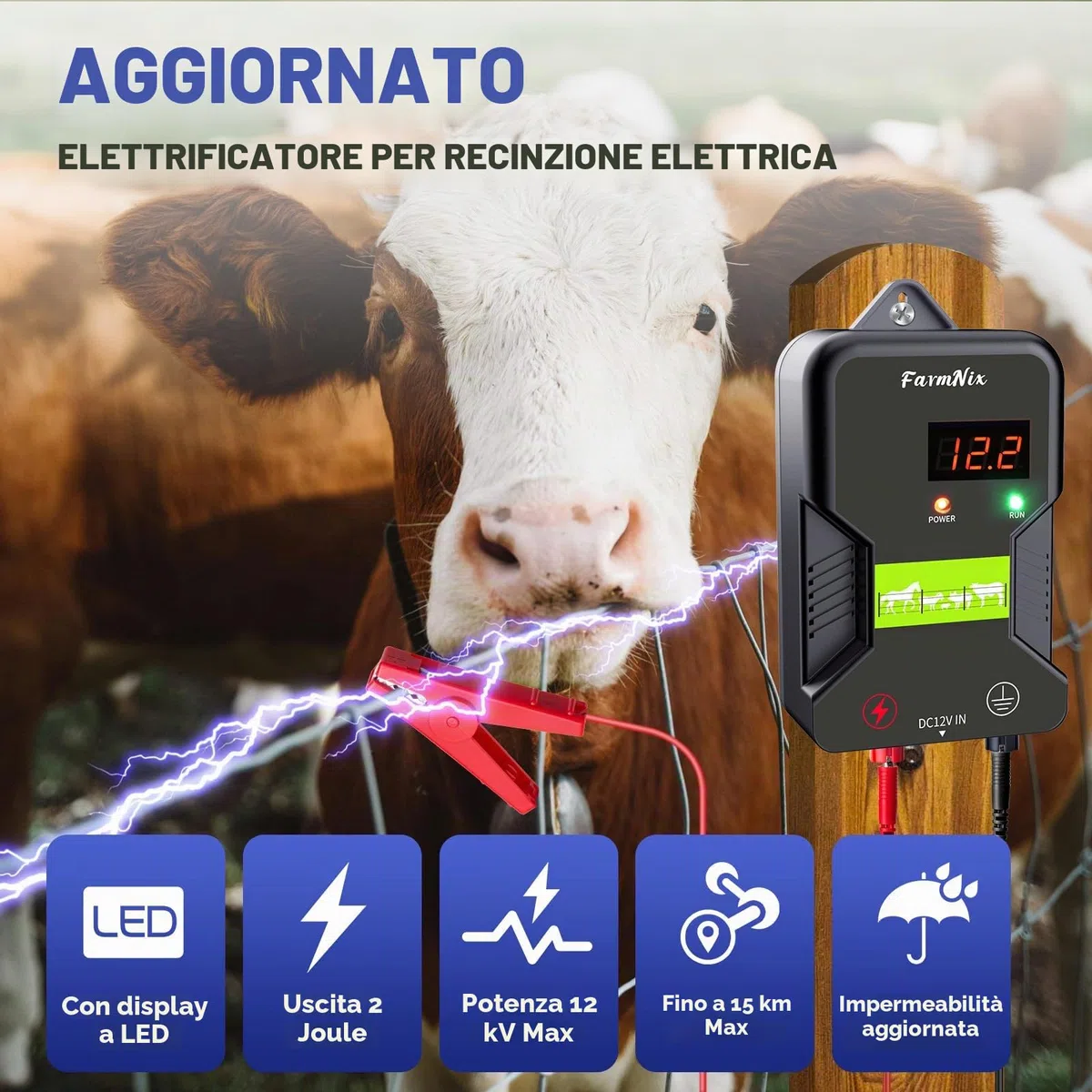 Recinto Elettrico per Animali a 12V con Display a LED, Portata 15 km, 2 Joule Elettrificatore per Recinto Elettrico 12KV per La Protezione di Bestiame, Pascoli Centralina di Controllo(Nero Grigio)