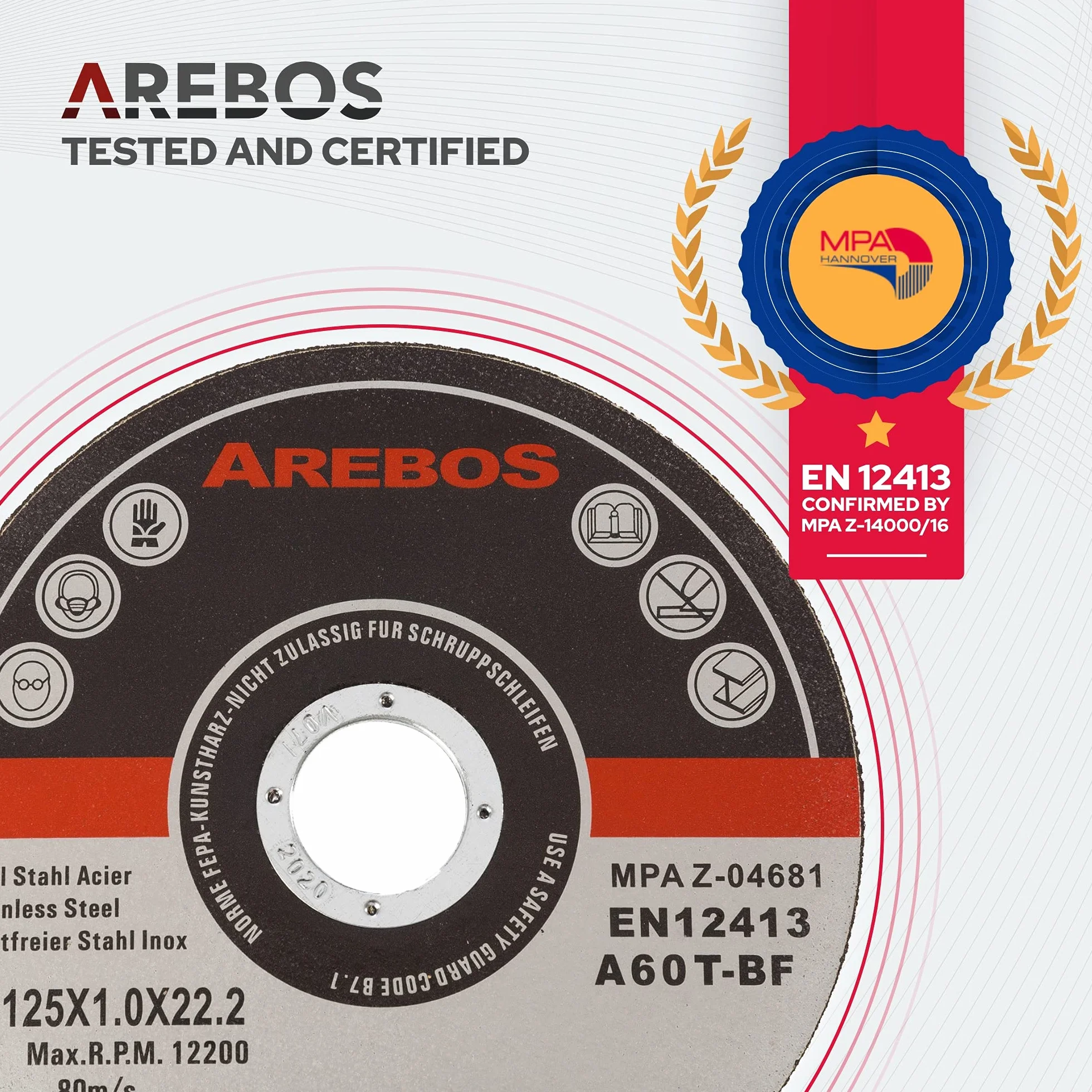 Arebos Dischi da taglio Ø 125 mm, 400 pezzi | adatti per acciaio, acciaio inossidabile, ferro, lamiera, metallo | EN 12413 | certificati dall'ente di controllo dei materiali (MPA)