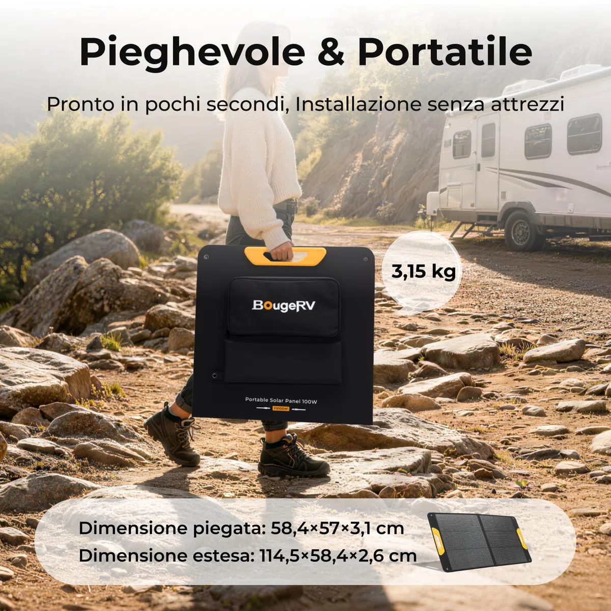 BougeRV 100W Pannello Solare Pieghevole, 25% Efficienza N-Typ, Per Batterie 173Wh/277Wh, Modulo Solare Mobile In Fibra Di Vetro, IP65, Per Stazione Energetica, Camping, Esterno, Giardino