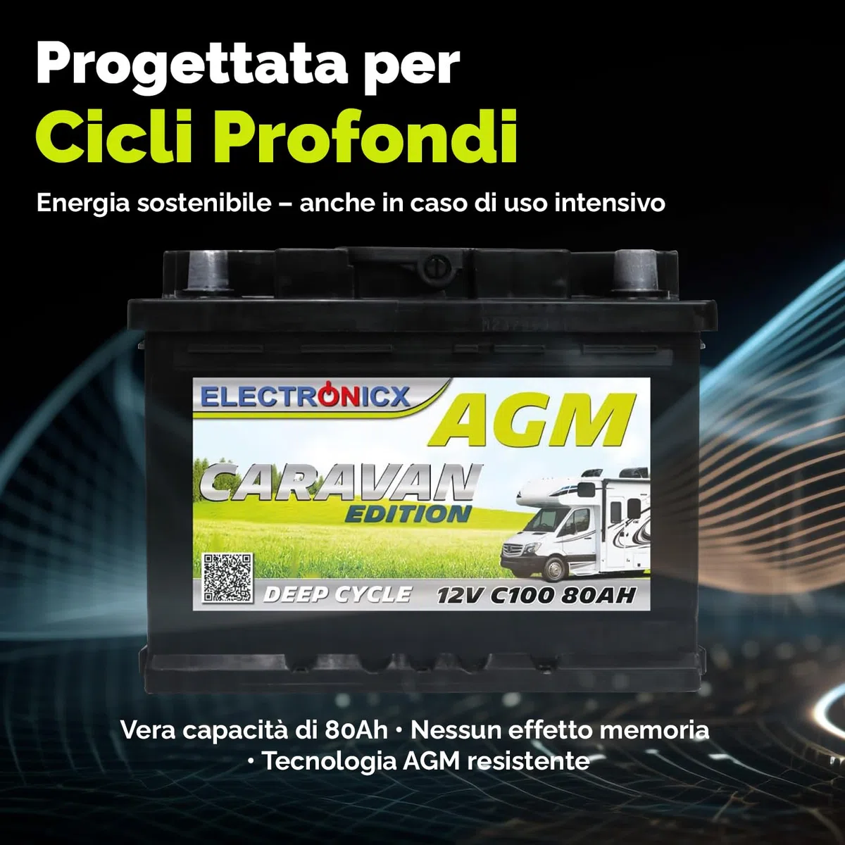 ELECTRONICX Batteria AGM a Scarica Lenta 12V 80Ah C100 Edizione Camper – Sigillata, Senza Manutenzione, Resistente alle Vibrazioni – Per Camper, Barca, Pannelli Solari, Sistemi Autonomi