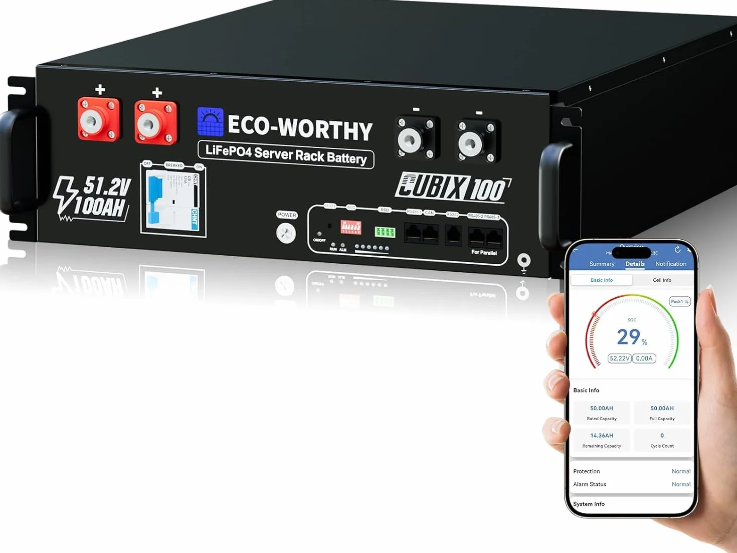 ECO-WORTHY LiFePO4 48V 100Ah Cubix 100 Batteria IEC 62619 Bluetooth con BMS 100A, Batteria al litio 5,12KWh 48V Armadio Server Batteria Solare per Impianto Solare Set Completo, Impianto Fotovoltaico