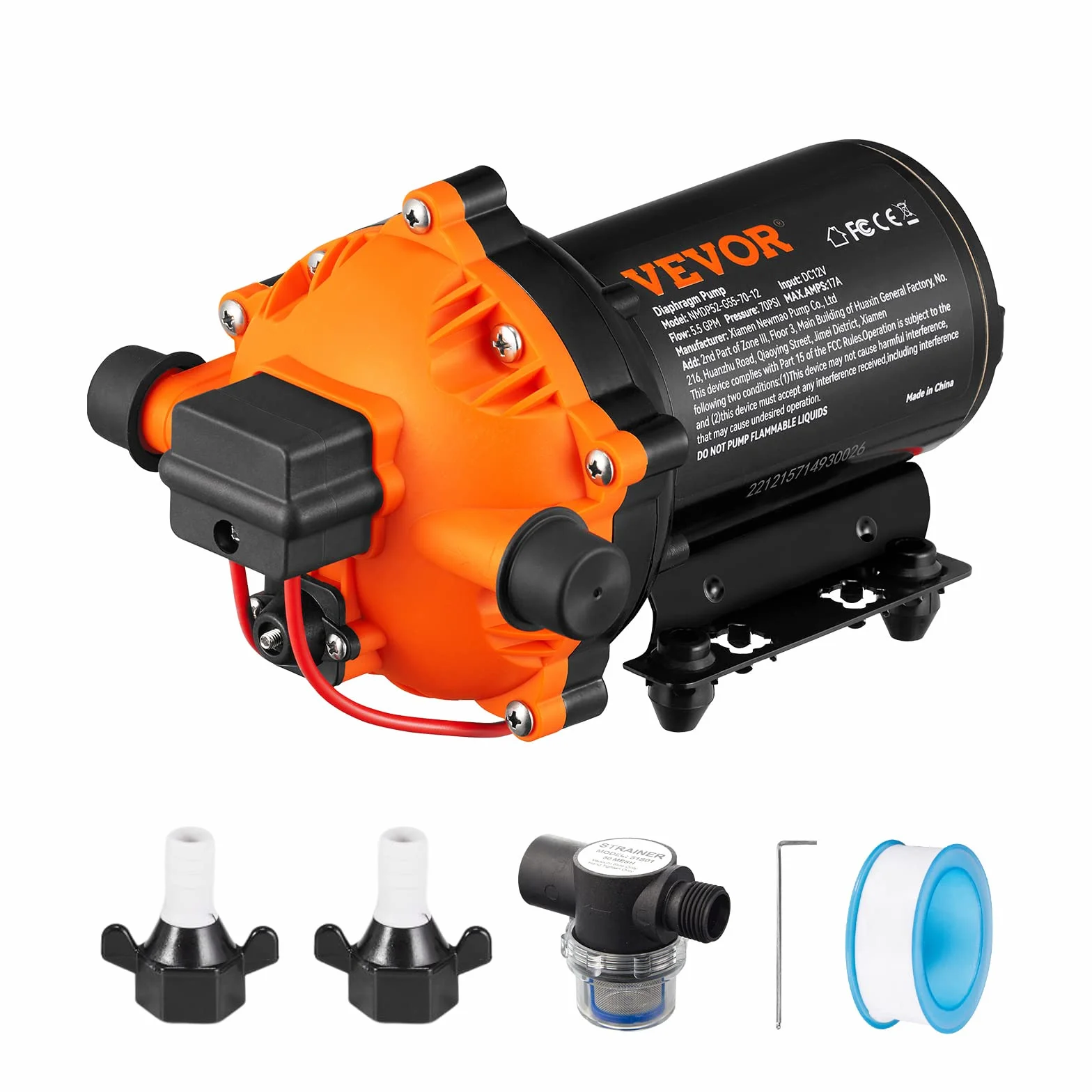 VEVOR Pompa a Membrana per Acqua 12 V CC, Portata 5,5 GPM, Pressione nominale 70 PSI Regolabile tra 40-100 PSI, Pompa Autoadescante MNPT con Pressostato per Camper, Barca
