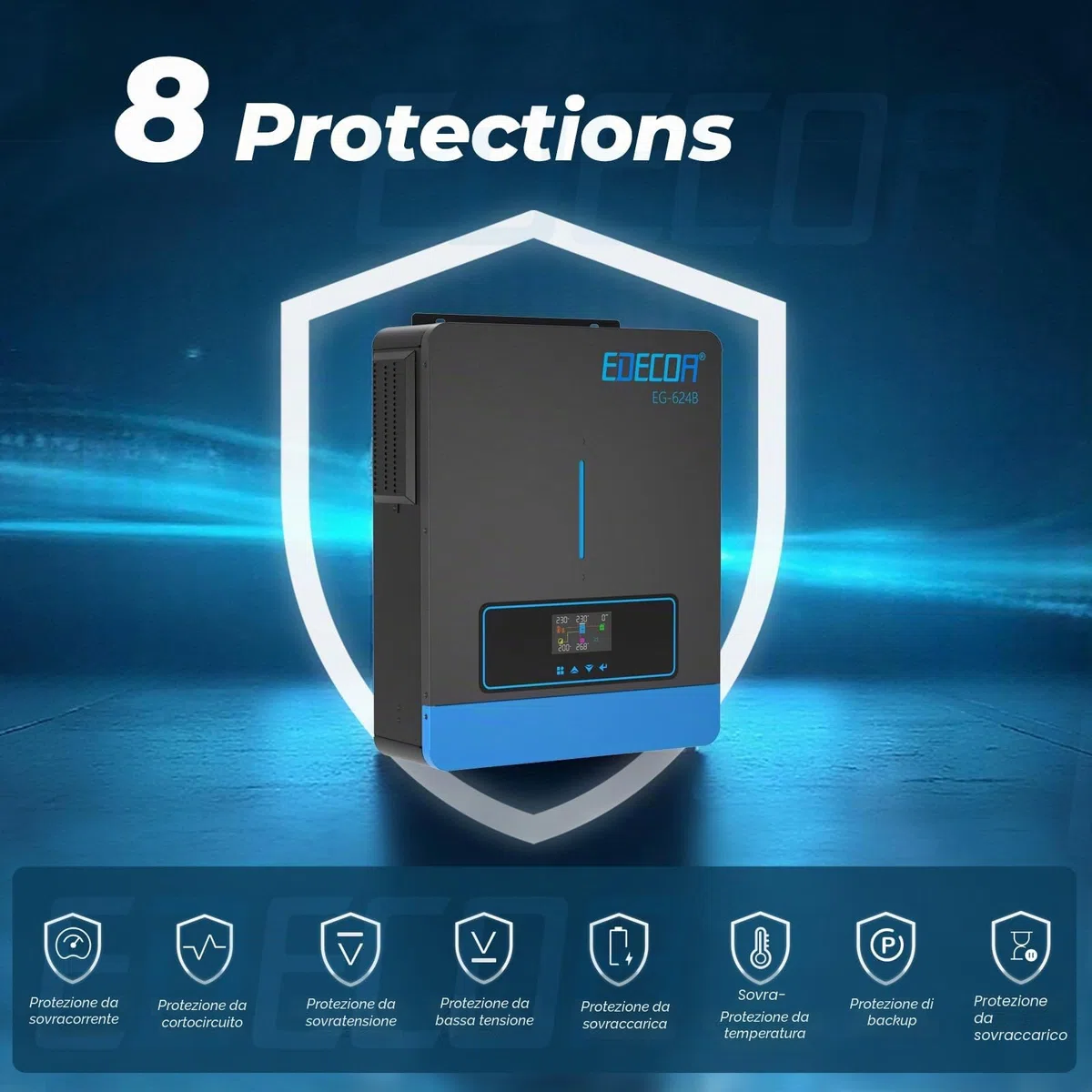 EDECOA Inverter ibrido 6200 W 48 V 230 V caricatore solare MPPT 120 A Pur Sinus 60-500 Vdc Off-Grid BMS Comunicazione Caricabatterie Priorità di rete Regolatore di carica solare (compatibile con WiFi)