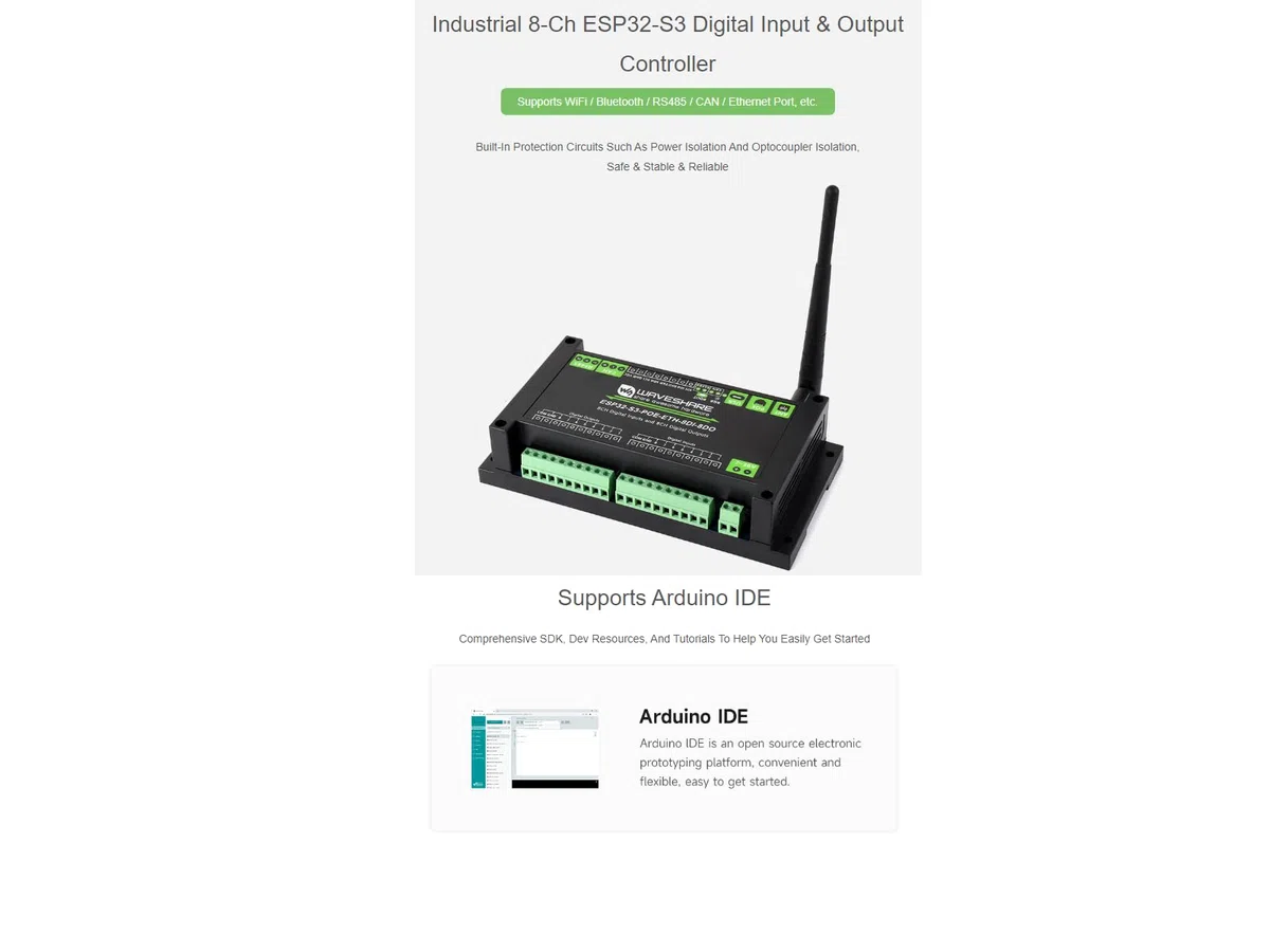 Waveshare Industrial ESP32-S3 8-Channel Control Board Digital Input/Output Controller Supports WiFi/Bluetooth / RS485 / Can/Ethernet Port