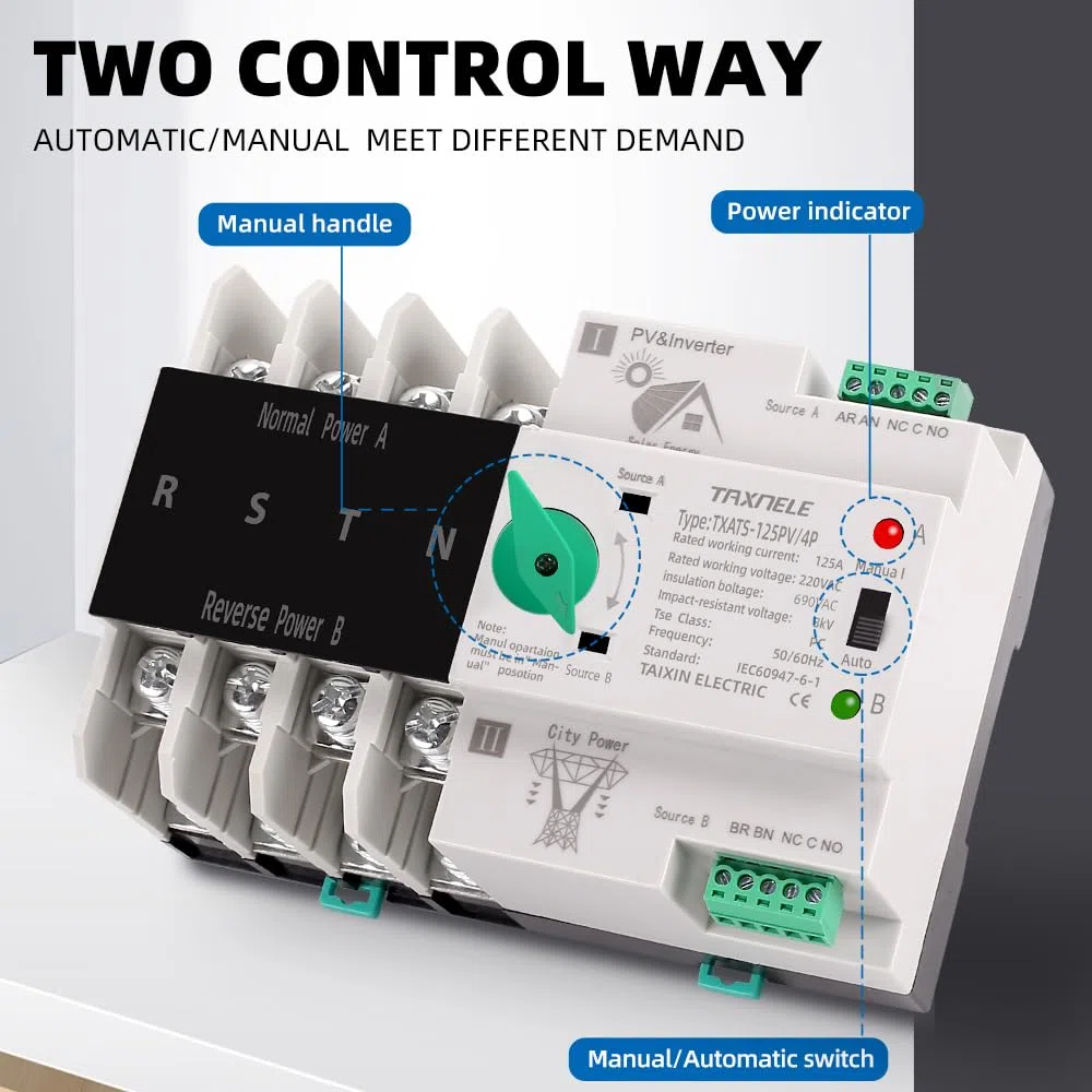 Selettore interruttore di trasferimento automatico a doppia alimentazione Alimentazione ininterrotta 4P 63A 100A 125A Interruttore a levetta fotovoltaico Din Rail ATS PV Solar Inverter UPS (125A)