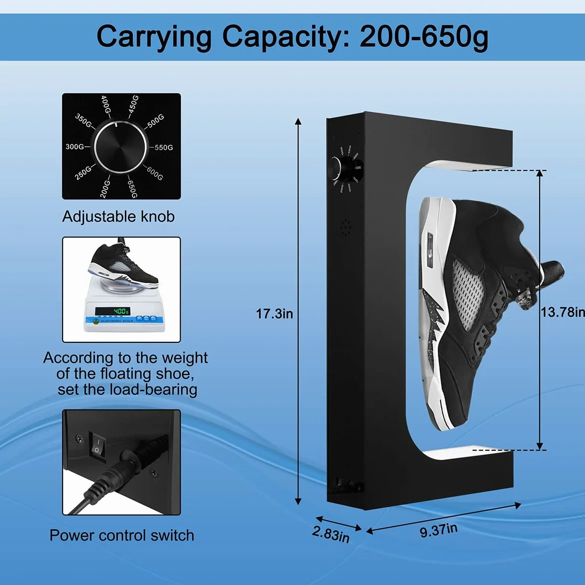 UVEHAS Espositore galleggiante per scarpe Supporto per scarpe a levitazione magnetica con luce LED Portaoggetti rotante a levitazione per collezionisti di scarpe, decorazione domestica, nero