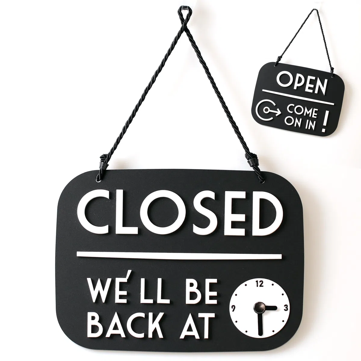 Cartello Open Closed Be right back con Ventosa, vintage Retro - Orario negozio modificabile con Quadrante Lancette (Nero satinato, Inglese)