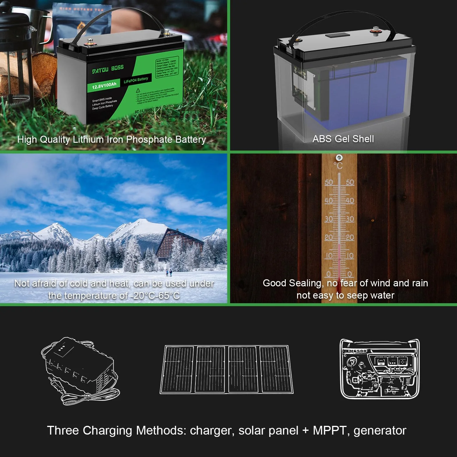 DATOUBOSS LiFePO4 Batteria Litio 12v 100Ah con 100A Protezione BMS, Fino a 15000 Cicli e 10 Anni Di Durata, per Camper, Barca, Kit di Pannelli Solari, Campeggio, Casa