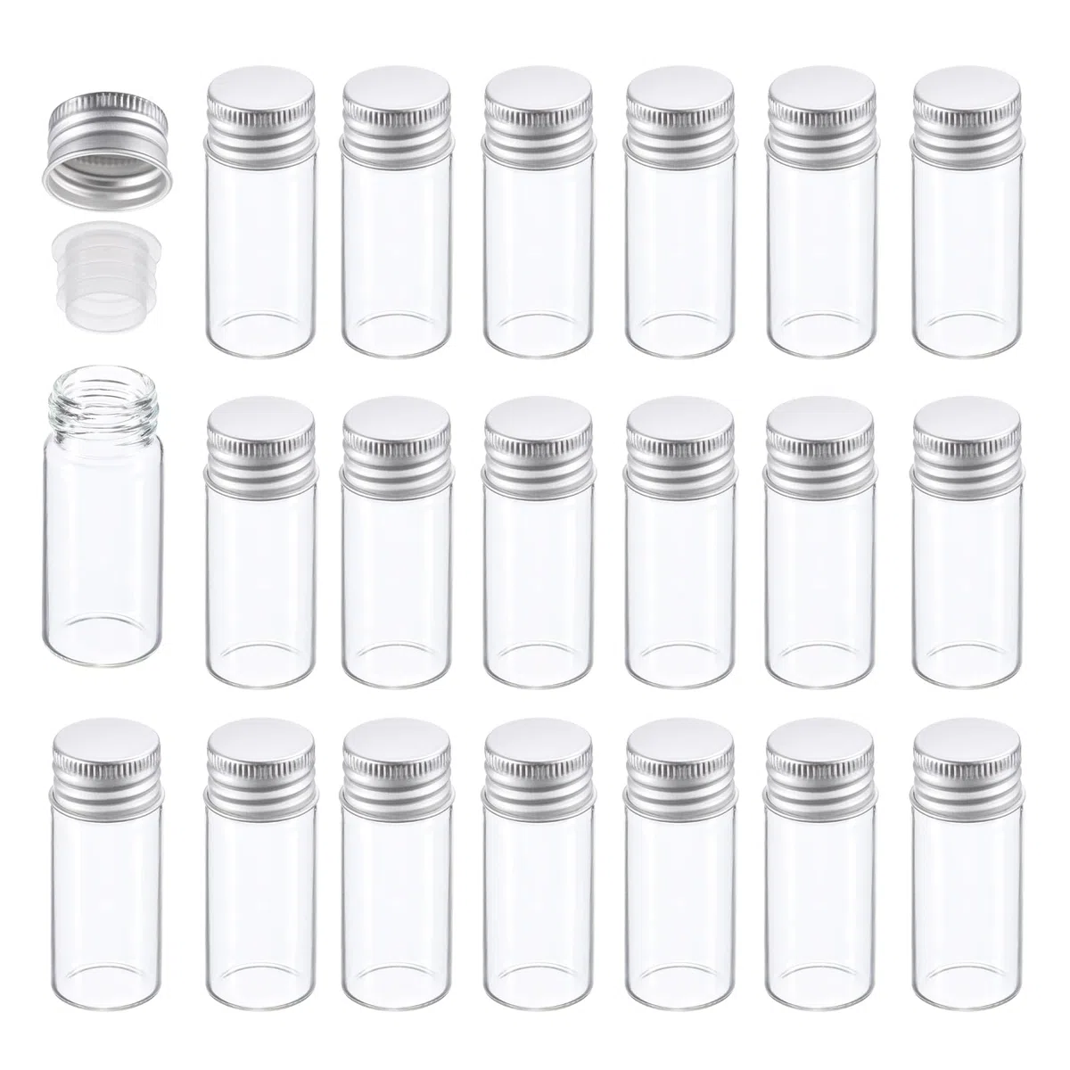 PATIKIL Fiale in vetro trasparente da 10 ml, 100pz Piccola fiala per campioni liquidi con tappi a vite Tappi in plastica Bottiglie a prova di perdite Barattoli vuoti