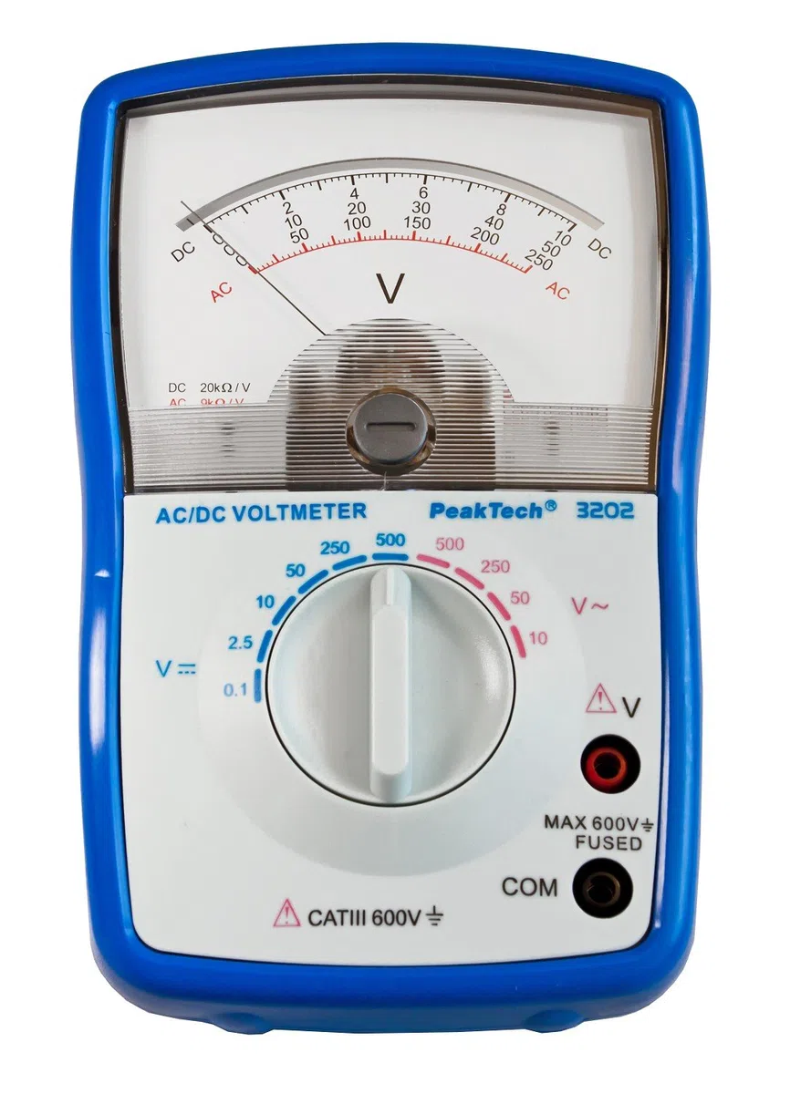 Voltmetro analogico PeakTech P 3202; Cat III 600V; max. 500V AC/DC; 0, 1V/ 2,5V/ 10V/ 50 V/ 250V/ 500V DC e 10V /50V/ 250V/ 500V AC; strumento analogico per casa, auto, barca, moto e hobby