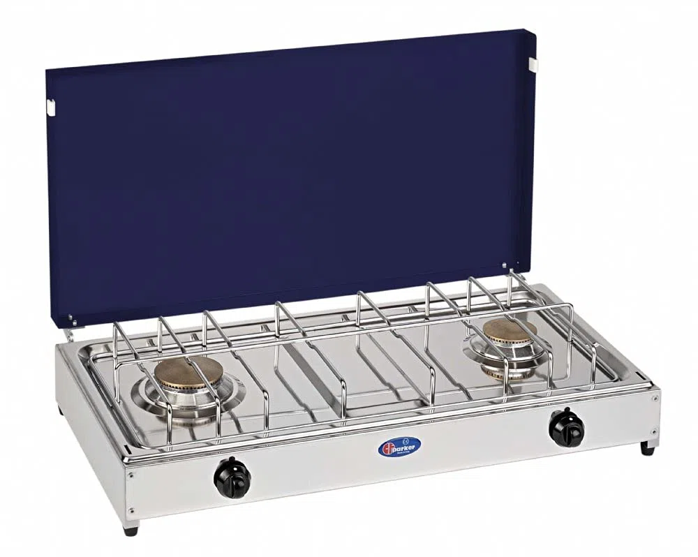 FORNELLO DA TAVOLO PARKER GAS METANO 2 FUOCHI CON PIANALE IN ACCIAIO INOX COPERCHIO BLU TELAIO GRIGIO 5522CGBm