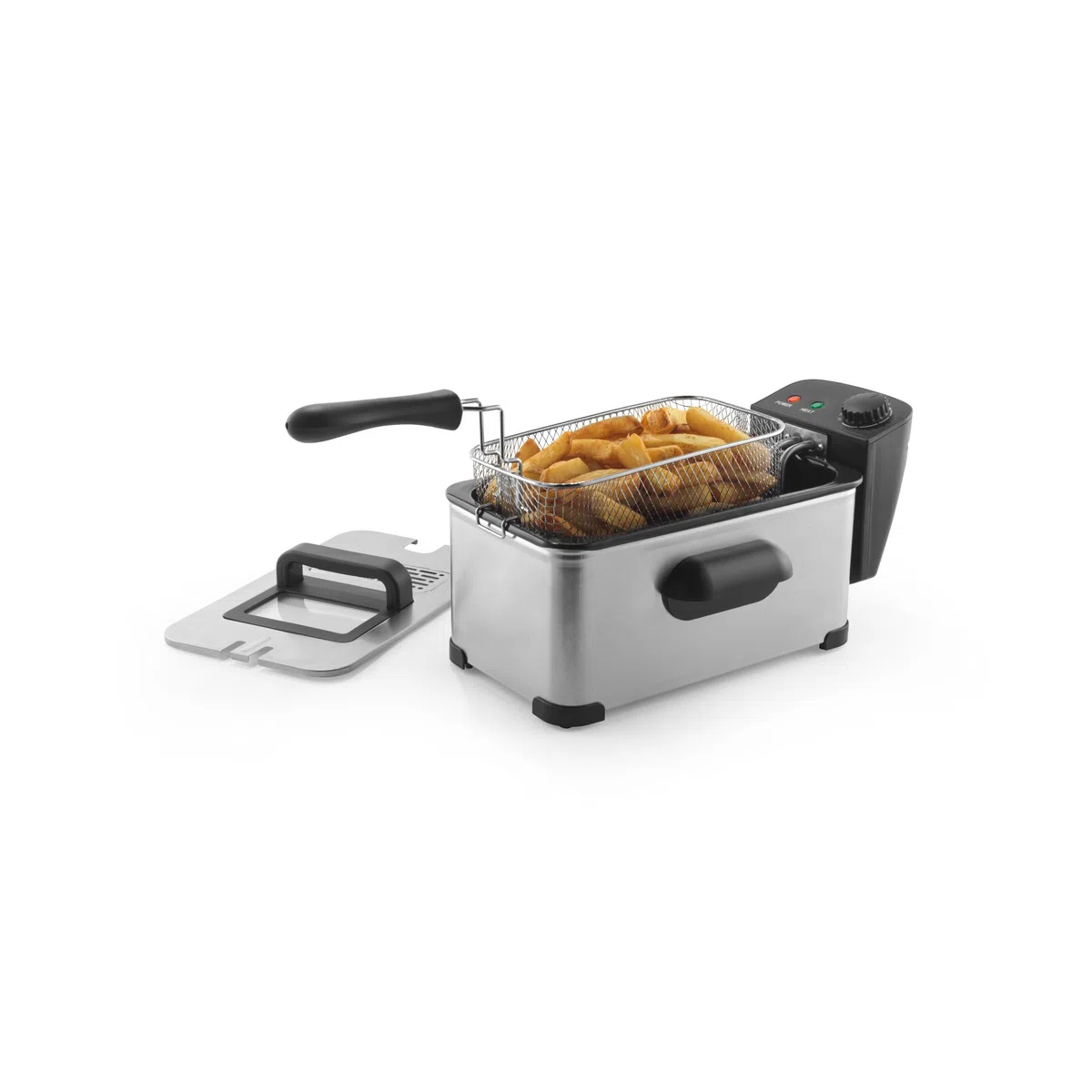 Progress Friggitrice elettrica - Friggitrice ad Olio da 3L - Cestello Rimovibile Antiaderente e Coperchio, 50-190°C, Finestra di Visualizzazione, Controllo della Temperatura Regolabile, 2000W