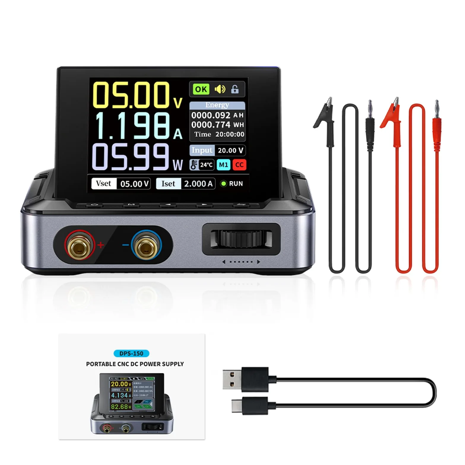 Alimentatore da laboratorio 30V 5A CNC DC da laboratorio 0–30V 0–5A schermo a colori IPS ingresso PD/QC/DC tensione costante e uscita costante, calcolatrice PC DPS-150.