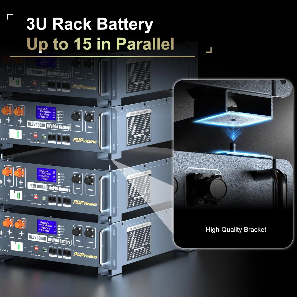 Batteria Server Rack LiFePO4 48V 200Ah (10240Wh), 2 unità. Include: BMS 100A, WiFi/Bluetooth, soppressione incendi automatica, kit rack 3U. Ideale per accumulo solare e backup domestico.