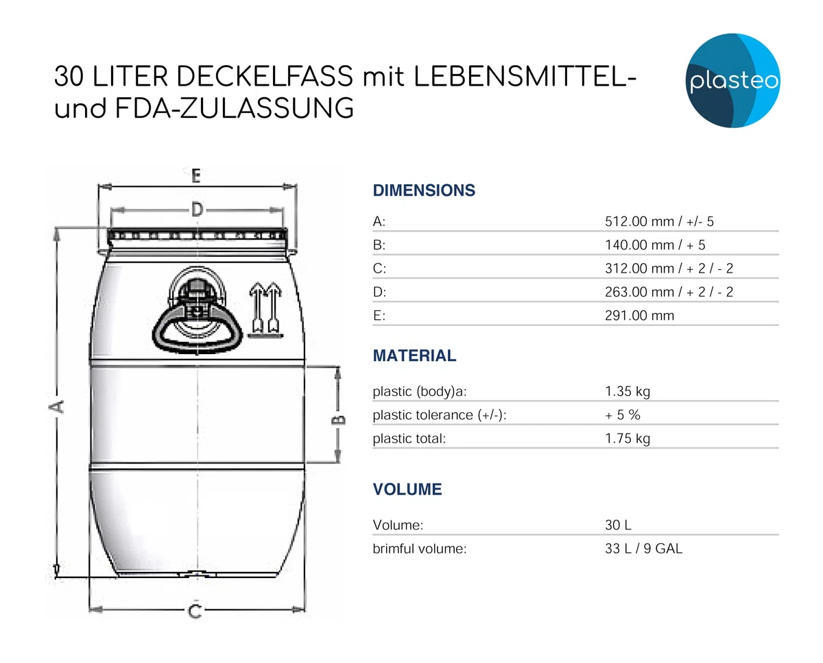 plasteo 2 barili di fermentazione da 30 litri, in plastica, ermetici, impilabili, per alimenti, approvazione FDA, approvazione ONU, marchio di qualità IKG