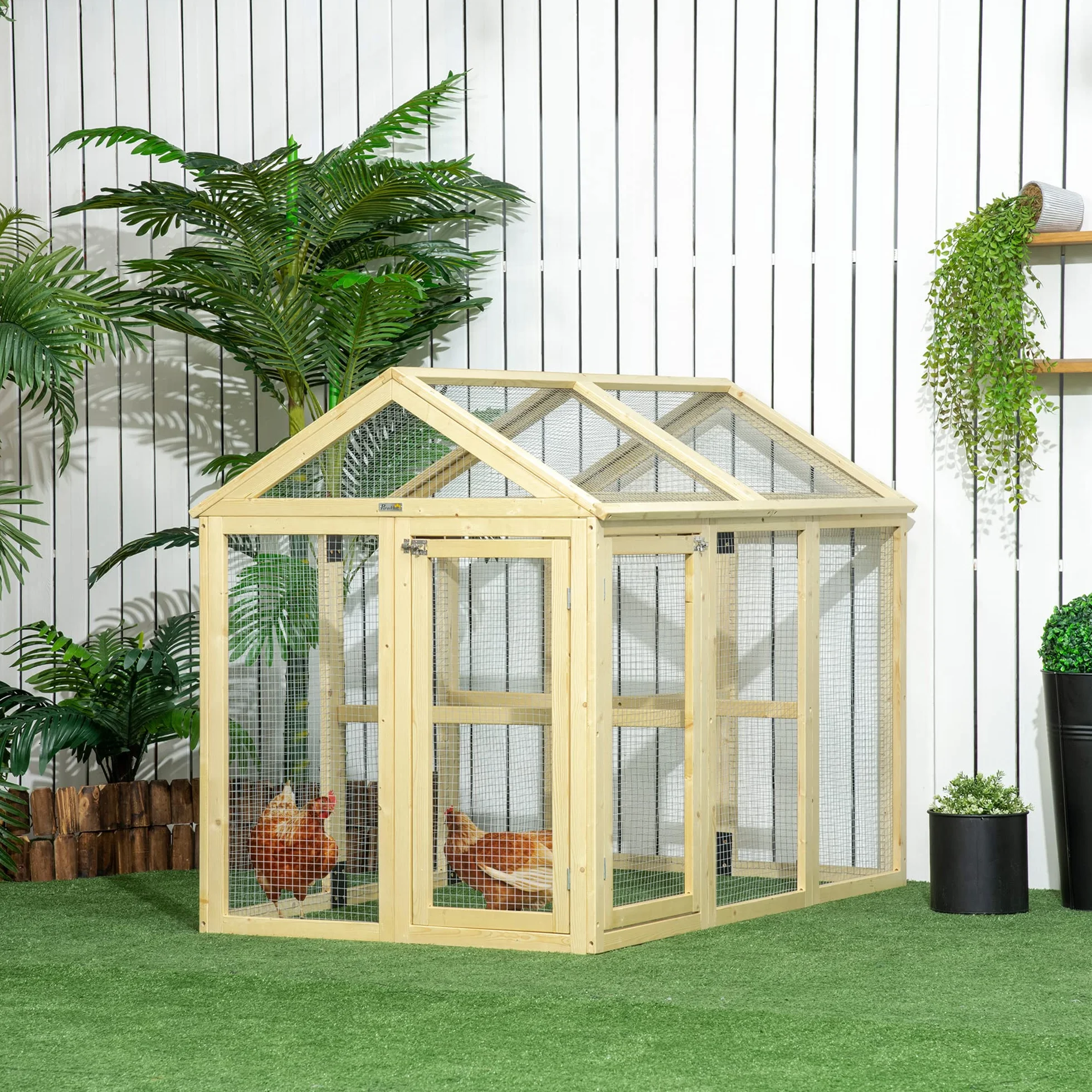 PawHut Recinto per Galline all'Aperto in Legno, Gabbia Galline con Porte Multiple e Rete in Metallo, 140x88.5x106 cm, color Legno