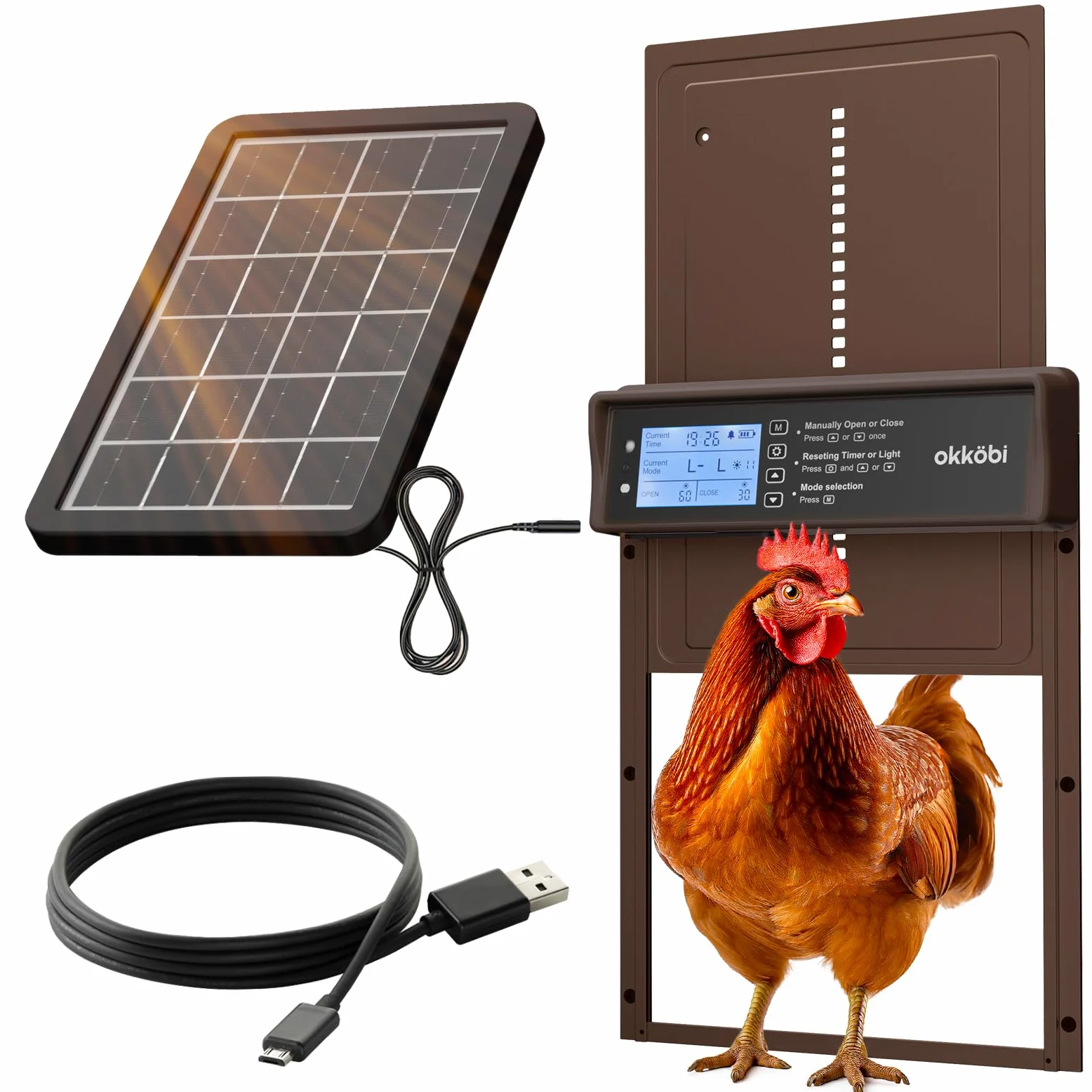 Okkobi Porta Automatica Pollaio Solare - Display LCD - Porta Pollaio con telecomando, Sensore di luce e Timer - Sicurezza e tranquillità: Funzione Antipizzicamento - Protezione di 5 anni